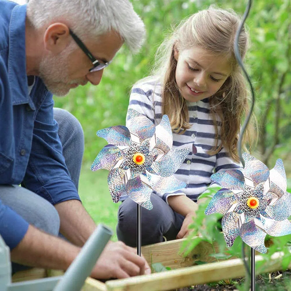Paquete de 10 molinillos de viento reflectantes repelentes de pájaros, dispositivo disuasorio de pájaros, giratorio plateado brillante para mantener a los pájaros lejos de tu casa, ventana, jardín,
