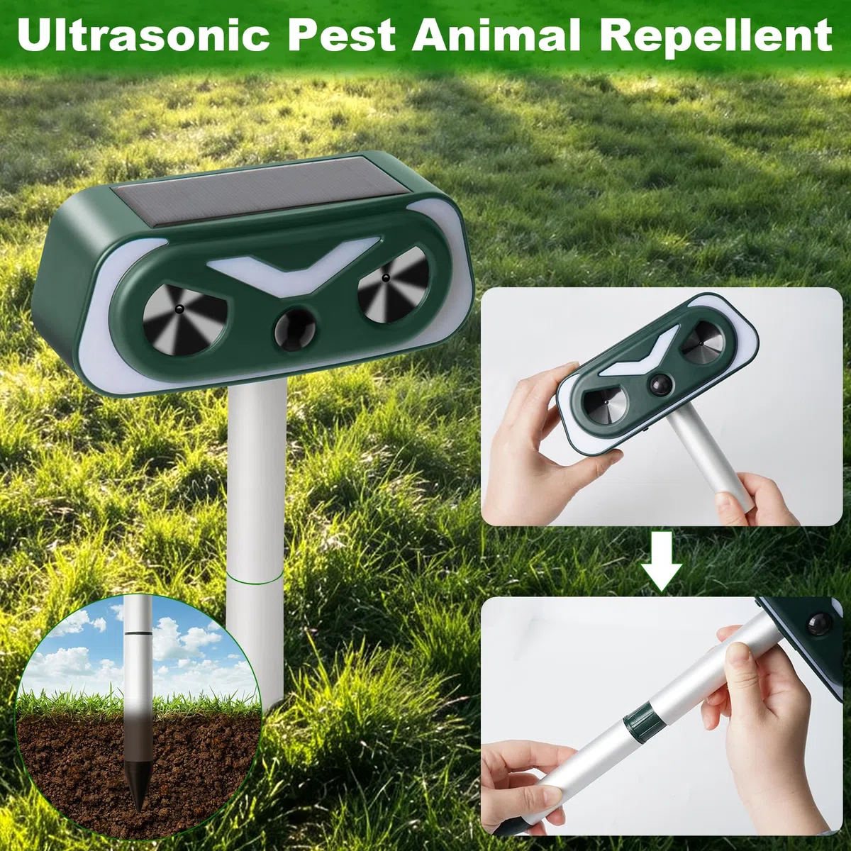 Repelente Gatos, Repelente Solar de Animales Ultrasónico con LED Intermitentes, Ahuyentador de Palomas, Pájaros, Perros, Ratones Interior y Exterior para Patio, Jardín, Granja