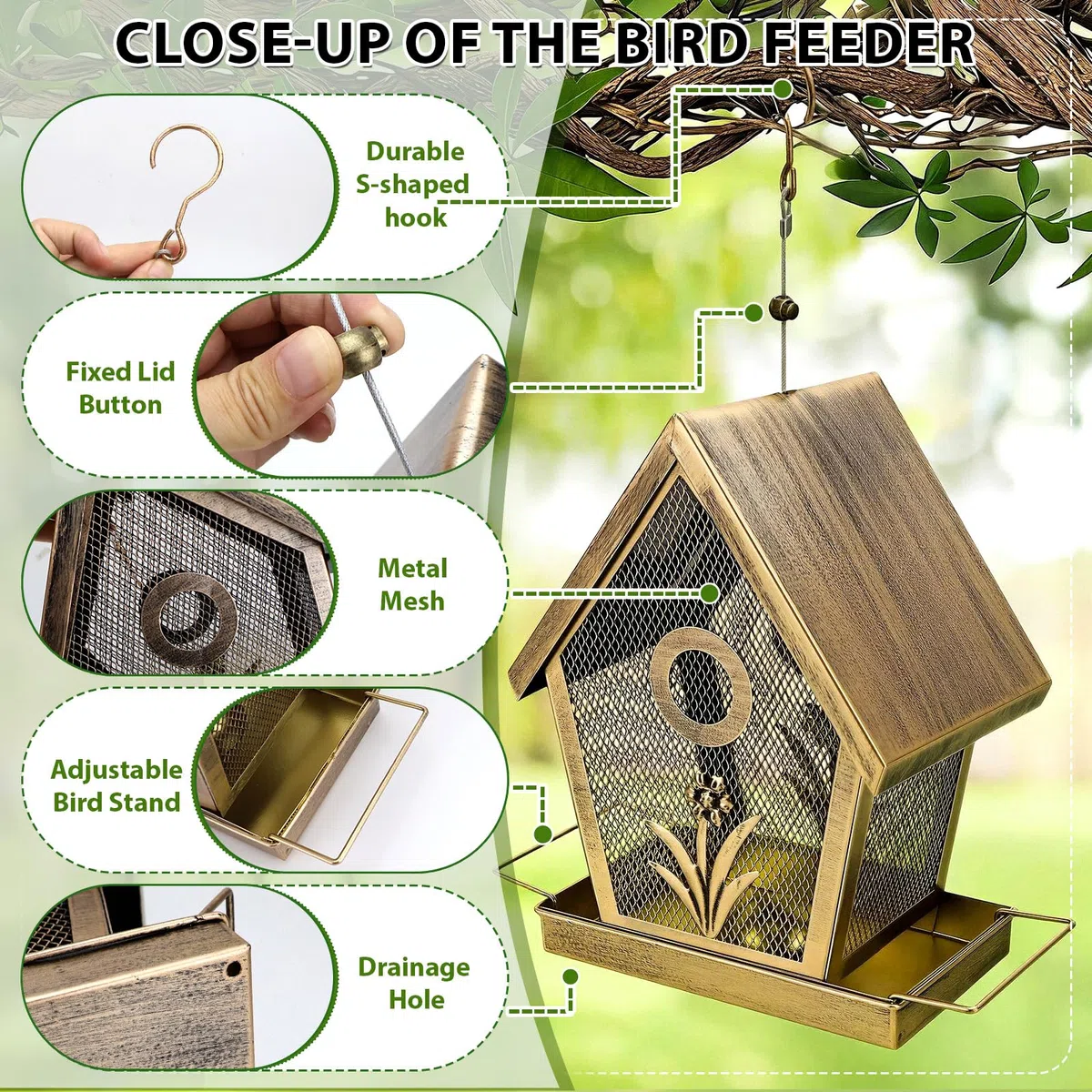 Comedero metálico para Pájaros Casita Colgante para Pájaros Silvestres Comedero Resistente a La Intemperie Pequeño con Capacidad de 1,1 Kg, Ideal para Jardines, Patios y Patios Traseros