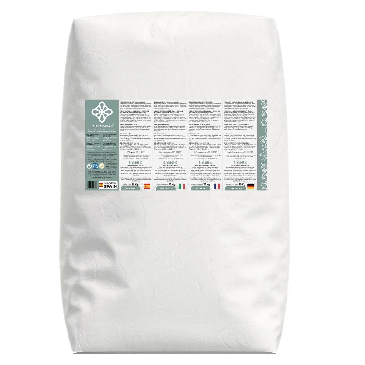 Molida E551c – Tierra de Diatomeas Purificada | Aditivo Tecnológico Antiaglomerante para Piensos | Sílice Amorfa de Origen Natural | Saco 25 kg