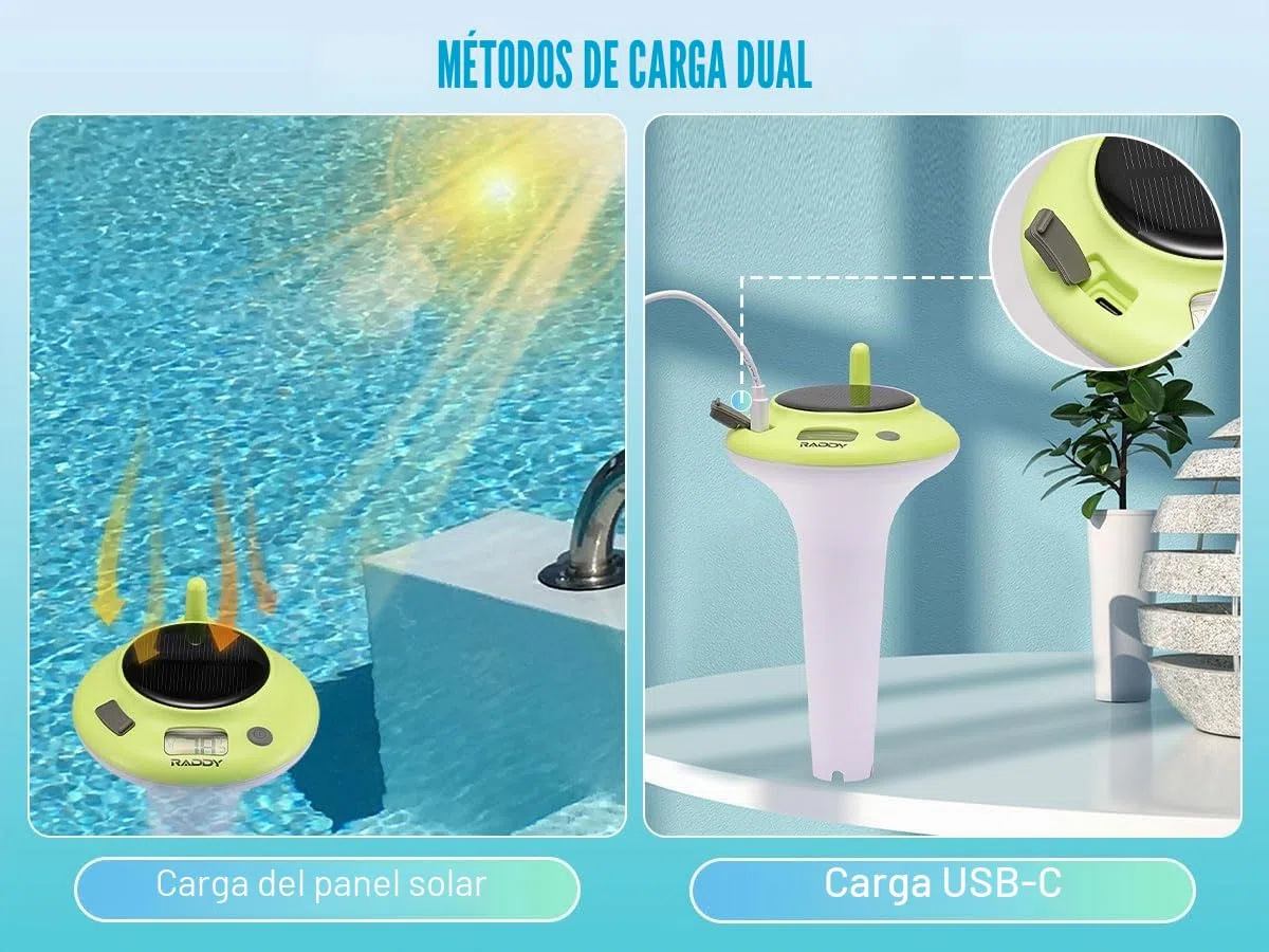 Raddy PT-5 WIFI Termómetro de piscina, Sensor flotante inalámbrico, consola interior, Monitoreo remoto por aplicación, IPX8, recargable con energía solar y USB-C, para piscina, jacuzzi