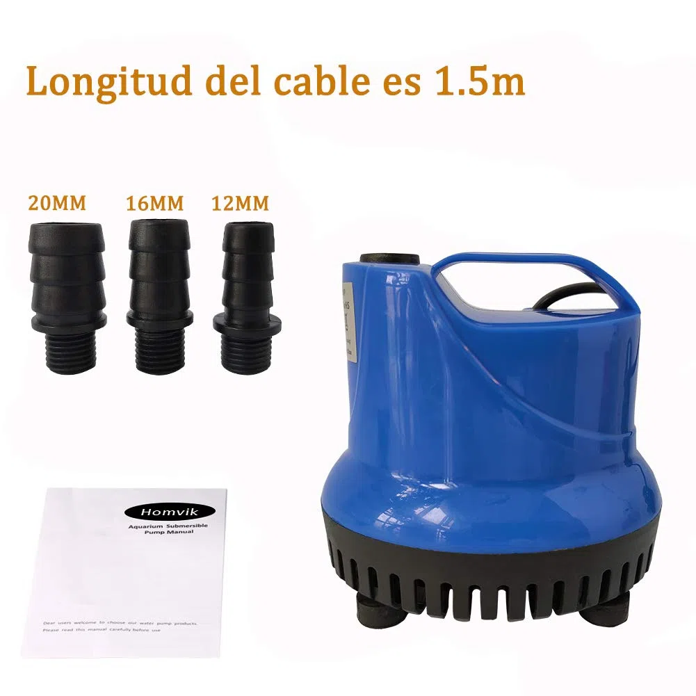 Bomba de Agua Sumergible 1200L/H 25W con 3 Boquillas Bomba de Agua para Fuente Acuario Estanque Pecera Ultra Silencioso Circulación de Agua Dulce y Marino 1.8m de Altura - Azul