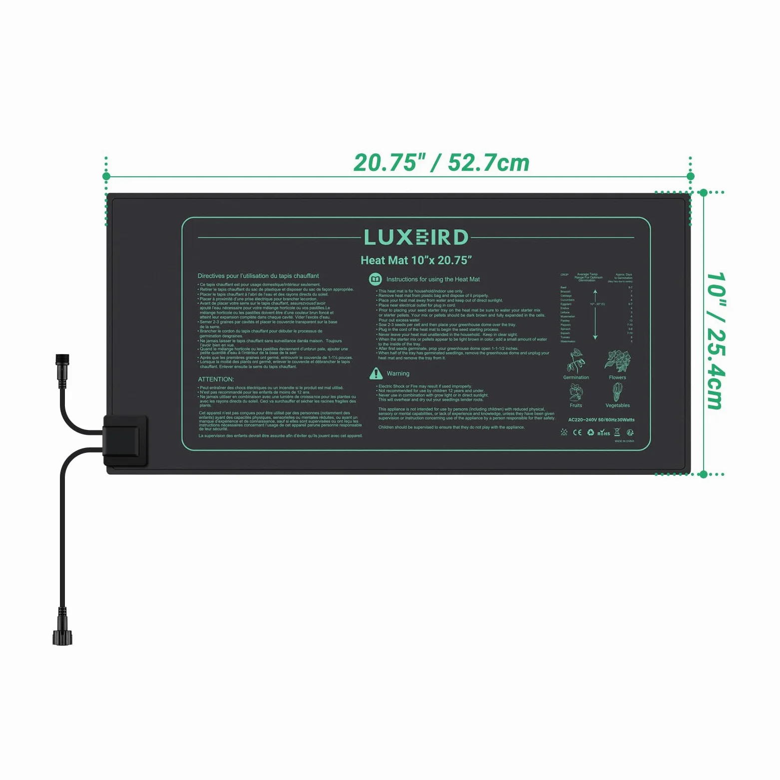 Luxbird Esterilla calefactora adicional para conectar, alfombrilla de calefacción de cadena de margarita para plantas impermeable, para el inicio de semillas, 52,7 x 25,4 cm