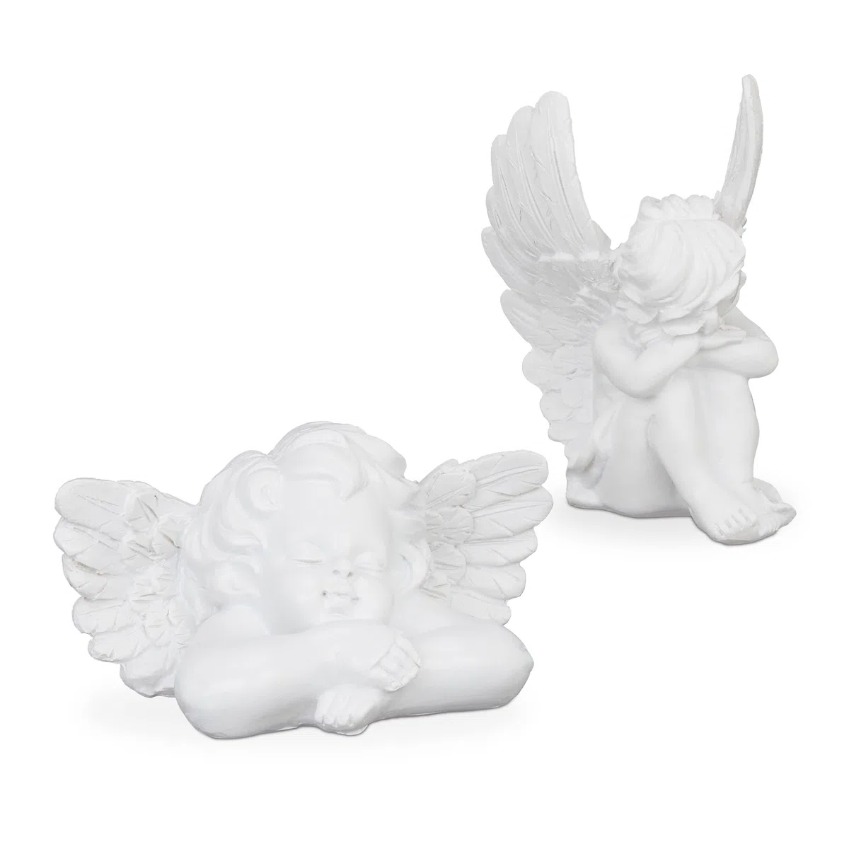 Relaxdays Set de 2 Ángeles para Tumbas, Figura Resistente Intemperie, Angelito de la Guarda, Piedra Artificial, Blanco