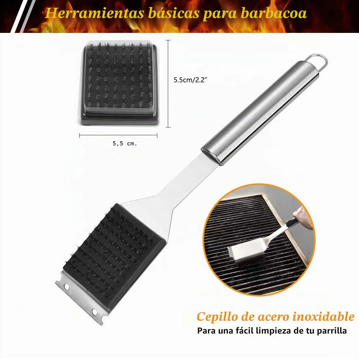 Kit de 3 herramientas para parrilla de barbacoa, utensilios de acero inoxidable con bolsa de transporte, espátula, pinzas y cepillo de limpieza