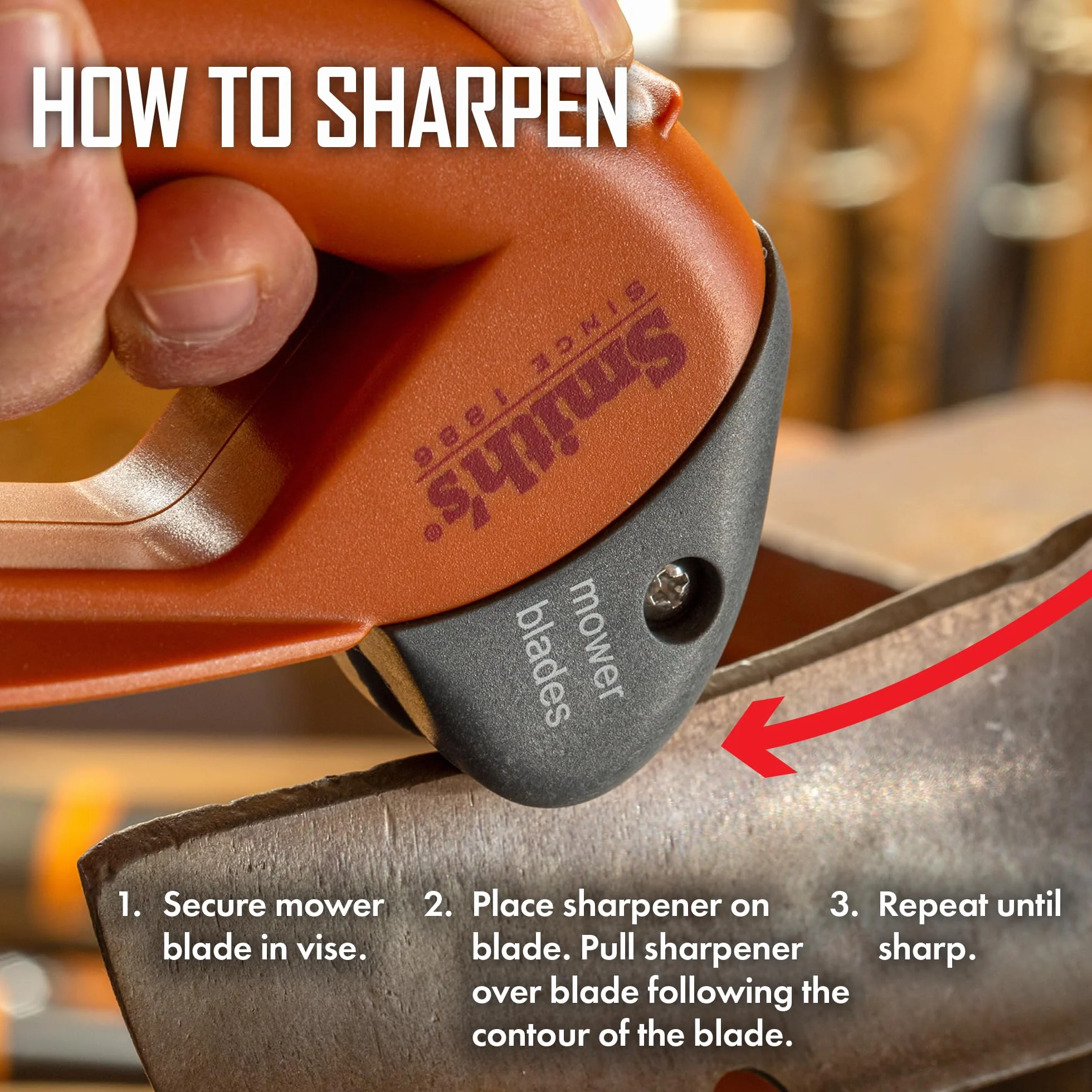 Smith's 50603 - Afilador de Cuchillas para cortacésped de Mano, Mango de Gran tamaño y Protector de Seguridad Grande, plástico Duradero, fácil de Usar, Cepillo de Limpieza de Alambre, Hoja de carburo