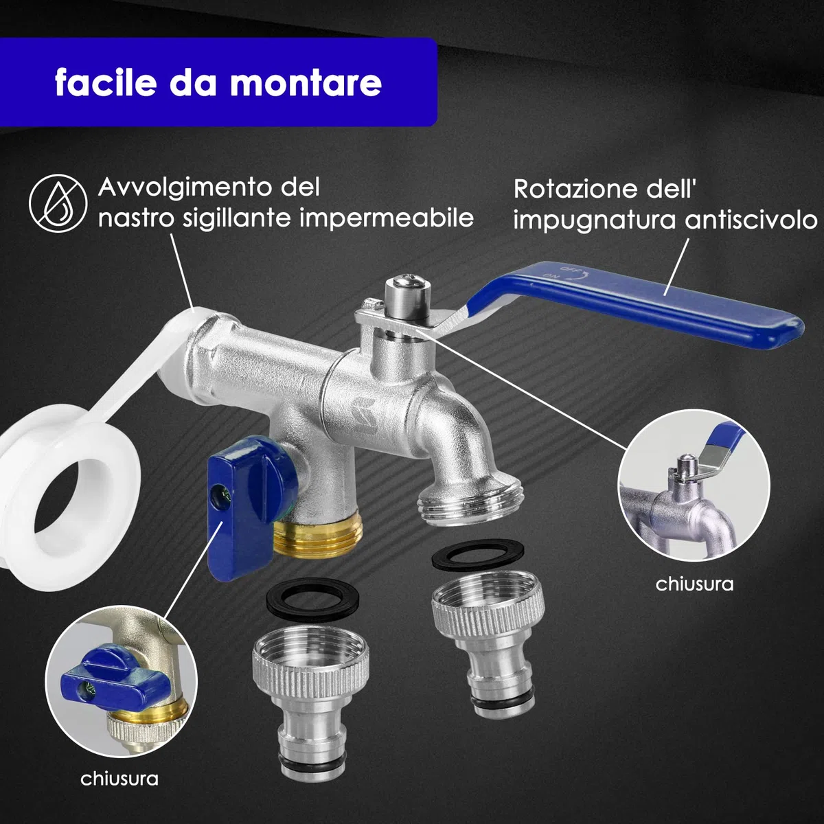 SPGOOD Grifo deJardín, Grifo de Doble Salida de 3/4 de Pulgada, de Latón, Resistente a la Oxidación y a Las Heladas, Con 2 Salidas de 3/4 de Pulgada, 1 Cinta de Sellado de Rodillos (Azul)
