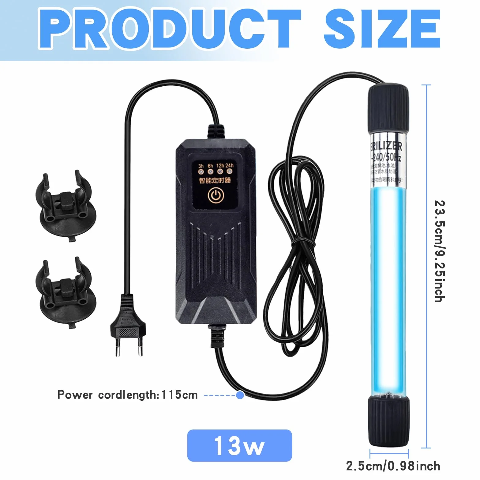 Esterilizador UV para acuario, luz con temporizador, 13 W: acuarios luz UV con funda protectora gruesa resistente al agua, esterilizador UV para el hogar, clarificador UV, acuario para piscinas de