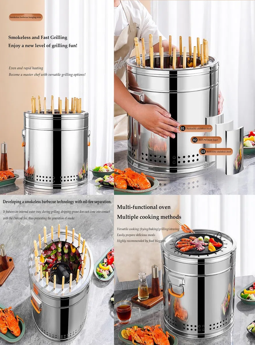 Parrilla vertical portátil para ahumar carbón con pinchos de madera, barbacoa de camping para interiores y exteriores