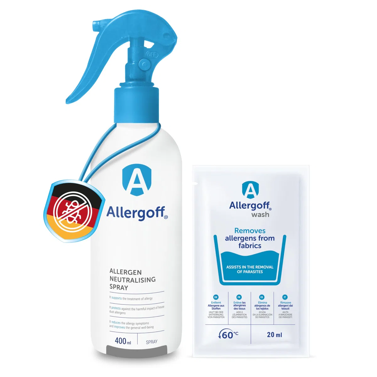 Allergoff Spray (400 ml) y Detergente (20 ml) Antiácaros | Kit para Colchones | Tratamiento para Ropa de Cama de Alérgicos | Eliminar Síntomas de Alergia