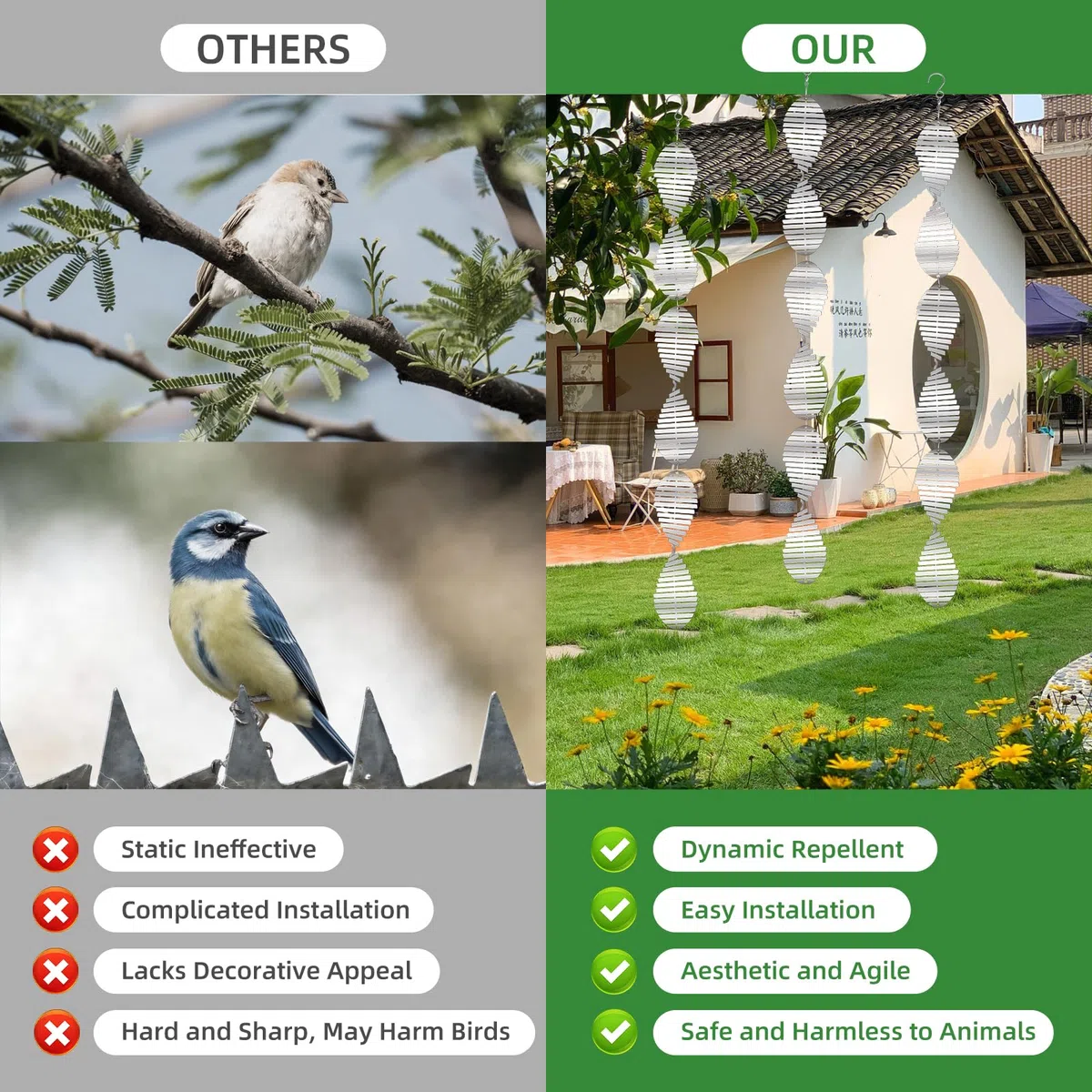 Ahuyentador De Pajaros, EspantapáJaros Reflectantes En Espiral, 3D CarillóN De Viento De Acero Inoxidable para Balcones, Terraza, Jardin, Granja, Ahuyentar Palomas Buho