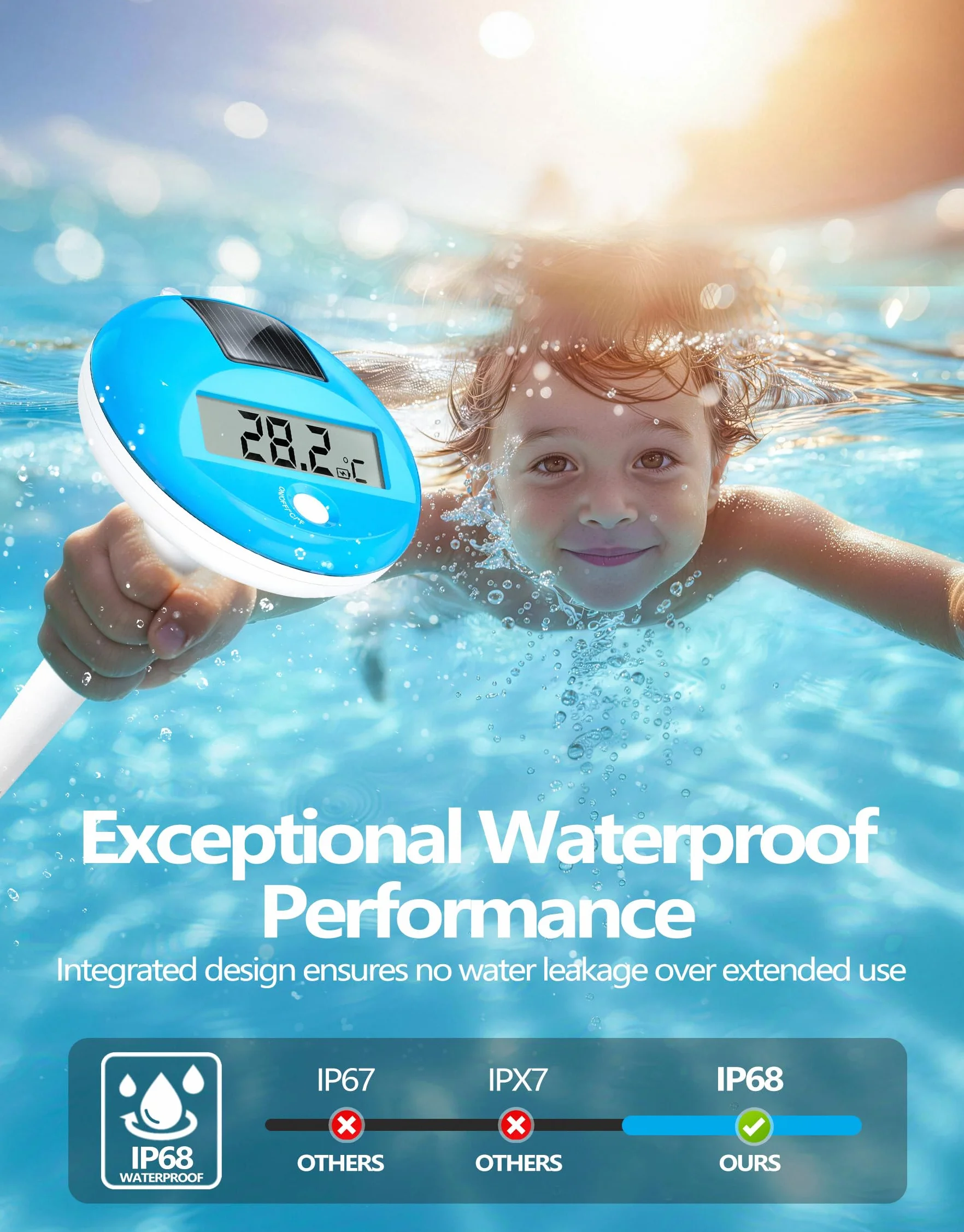 PoolLeader Termómetro Piscina Flotante | Solar Termómetro Digital Piscina con Cuerda | Pantalla LCD Grande para Facilitar la Lectura und IP68 Impermeable, Termómetro para Piscina Spa Estanque
