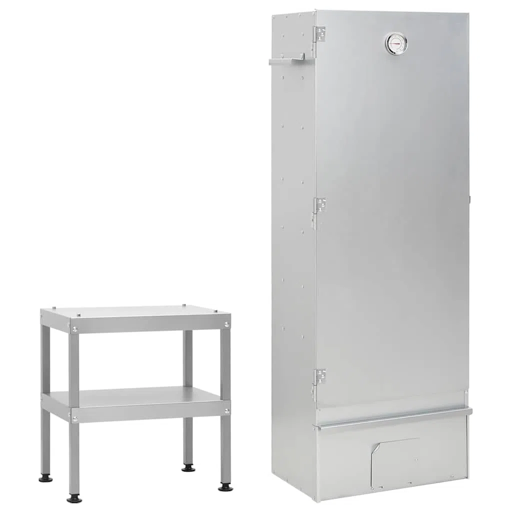 Horno para ahumar con mesa de acero galvanizado para exteriores con termómetro, 44,5 x 29 x 110 cm, incluye ganchos, rejilla, estantes, ideal para carne, pescado, salchichas, barbacoa
