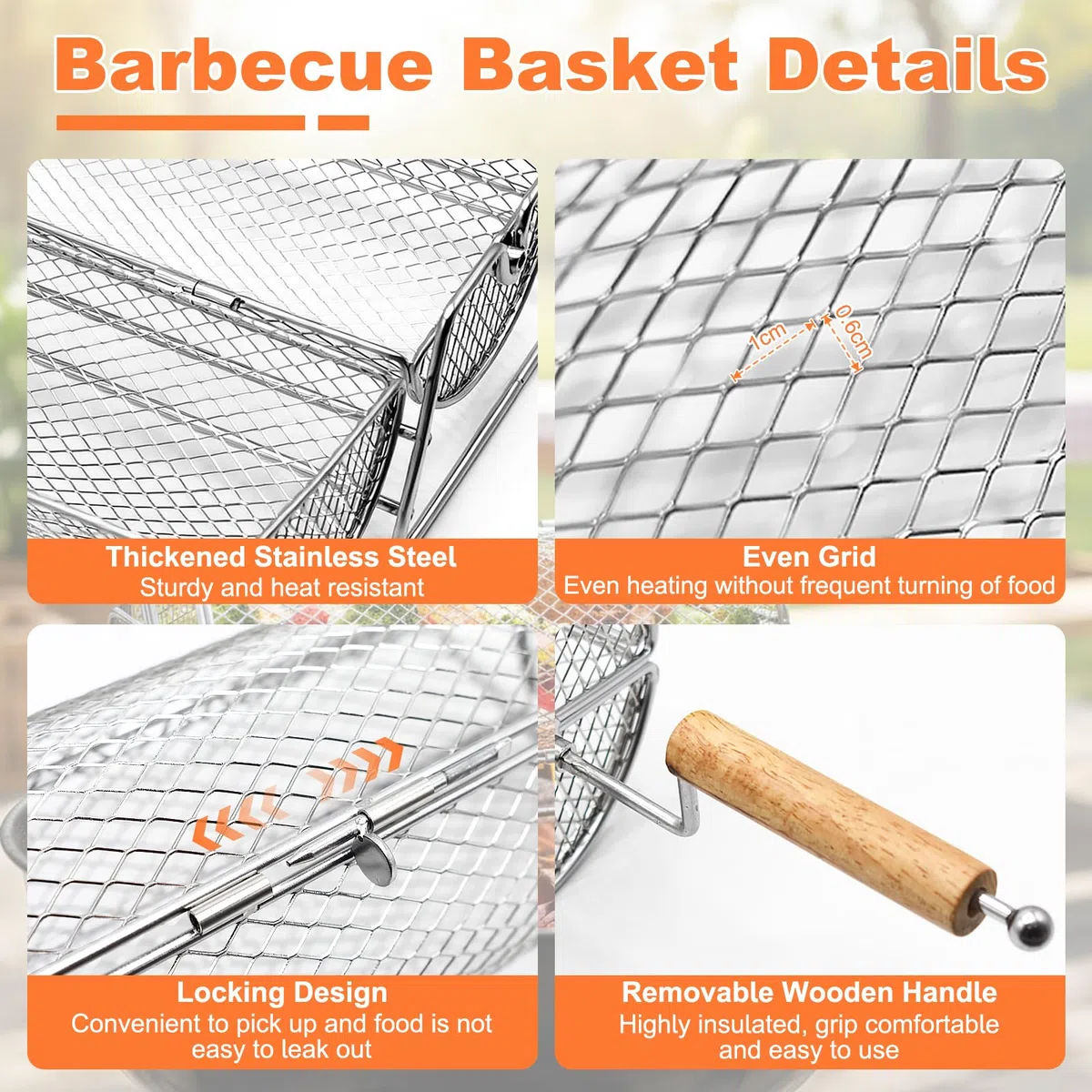 Cesta de Parrilla Rodadiza, Cesta de Parrilla de Acero Inoxidable, Accesorios Barbacoa con Mango de Madera Extraíble, Rejilla Barbacoa Utensilios bbq para Exterior Camping, Regalos Hombre