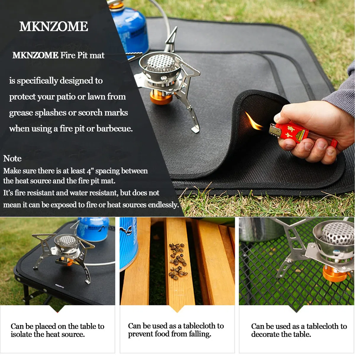 Fire Pit Mat, 60*52CM Alfombrilla para Fogata Estera para Hogueras Resistente al Fuego, Protector Ignífugo para Cubierta Césped Hierba, Adecuado para Quemador de Leña Barbacoa Camping Exterior, Negro