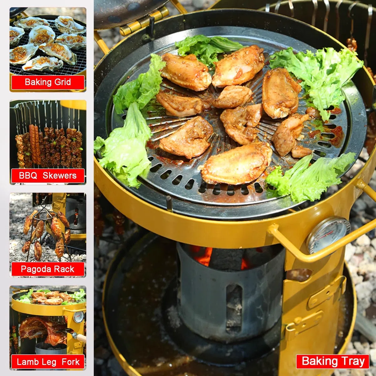 Parrilla de Carbón para Barbacoa, Ahumador, Resistente, 3 en 1, Estufa Colgante sin Humo, Juego de Parrilla para Picnic al Aire Libre(Yellow)
