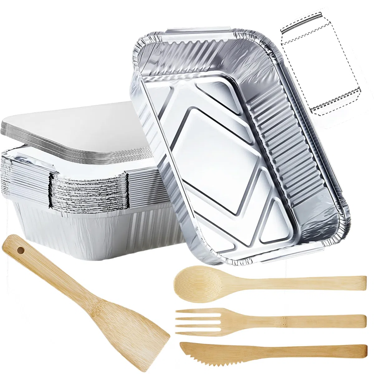Bandejas de aluminio con tapa, 20 unidades, 1900 ml, 26 x 19 x 6 cm, bandejas desechables de aluminio, bandejas de goteo grandes, desechables para barbacoa de gas y cubiertos de viaje, juego
