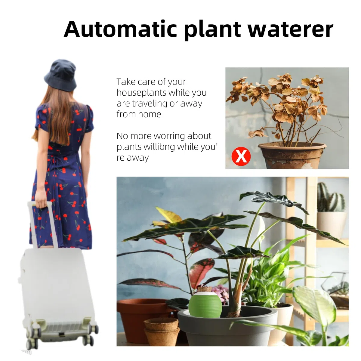 Riego Automático de Arcilla 450 ML, Grande Cono de Arcilla Terracota de Plantas, Dispensador de Agua Plantas en Maceta, Cono de Riego con Corcho, Verde