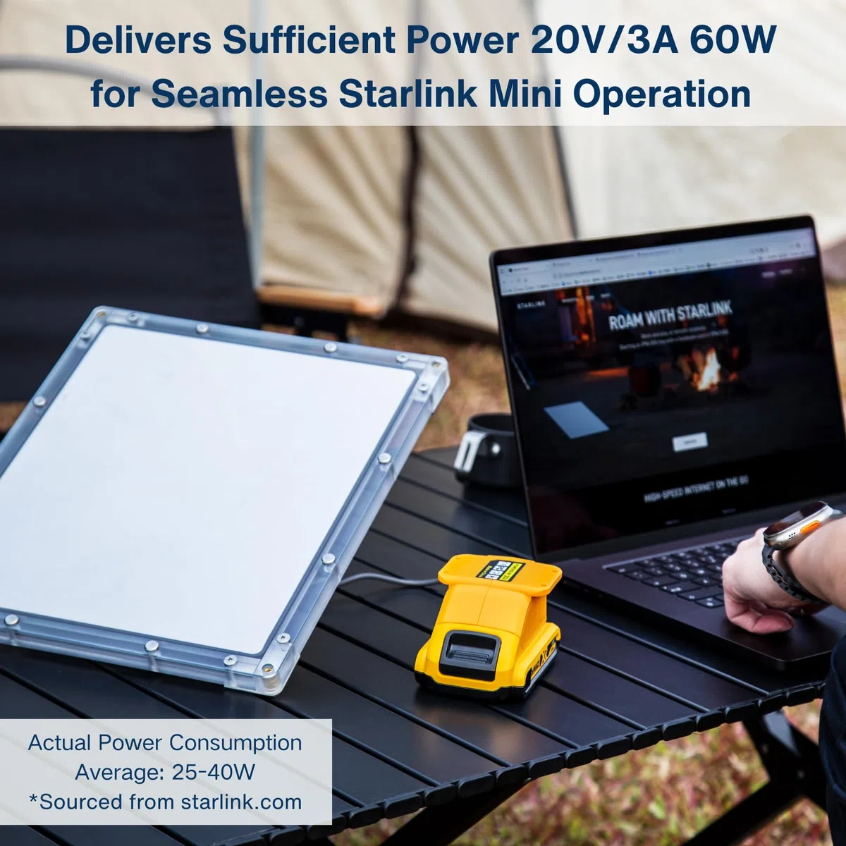 Cargador alimentado por batería para Starlink Mini compatible con baterías DeWalt, salida de 60 W, 20 V/3 A, conector de barril CC impermeable, ligero y portátil para uso en exteriores y de