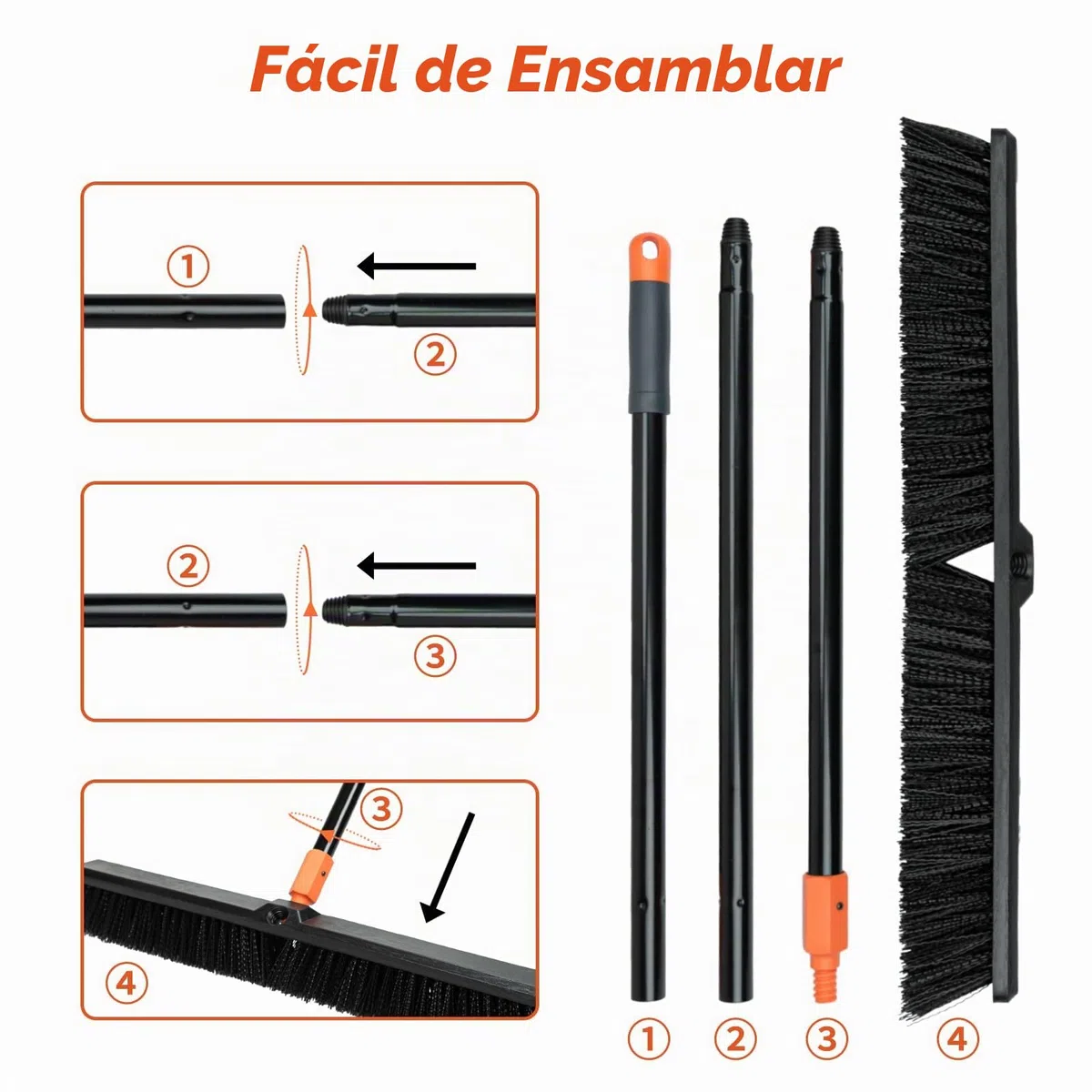 TreeLen Escoba de empuje de 24 pulgadas para exteriores, cepillo de limpieza de suelos resistente con mango largo, cerdas rígidas, para patio, garaje, cubierta, entrada, limpieza de suelos de concreto