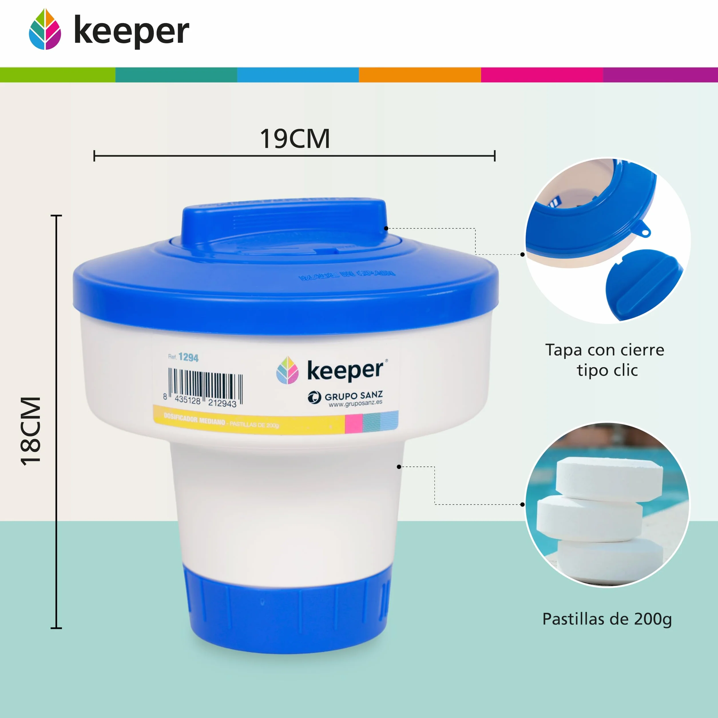 Keeper Kit Recoge Hojas para Piscina + Dosificador de Cloro. Recoje Hojas con Fijación Palomilla y Bolsa Grande. Red para Piscinas. Dispensador de Cloro Flotante. Capacidad plastillas 200g