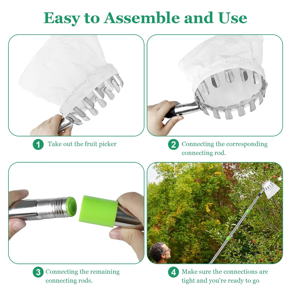 Recogedor de Frutas Telescopico, 2,4 M Recolector de Frutas, Recoge Frutas de Árboles, Recoge Frutas Telescopico Extensible, Herramienta recolectora de Frutas para Manzanas, Naranjas, Peras