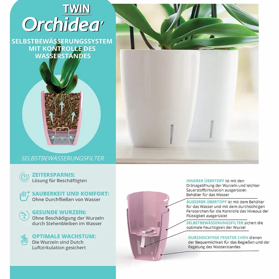 Santino Maceta para Orquídeas Ø 15cm Maceta Autorriego con Sistema de Mecha e Indicador de Nivel de Agua para Interior (Ø 15cm - 2L - Transparente)