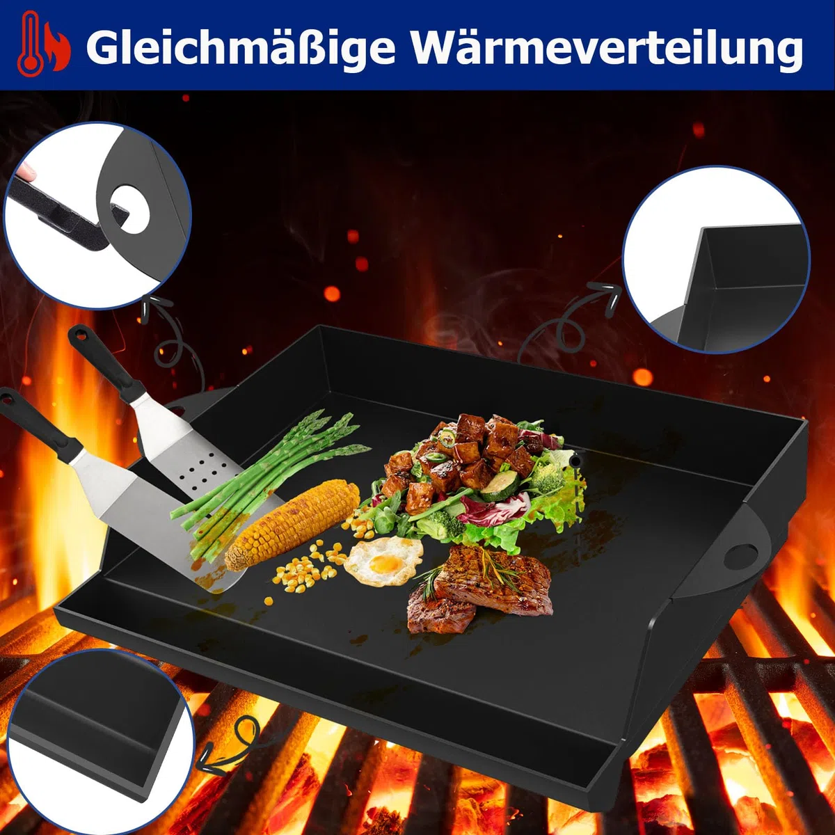 Plancha de Alta Calidad con Cubiertos y Espátula, Revestimiento Antiadherente para todas las Parrillas de Gas Plancha, 47 x 36,5 cm, Negro
