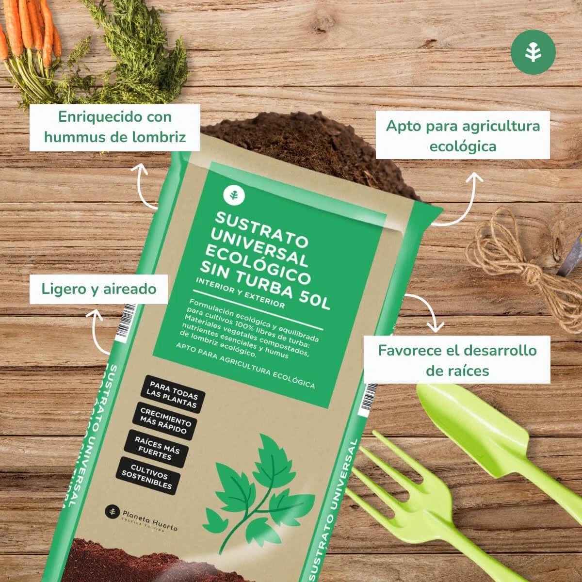 PLANETA HUERTO | Sustrato Universal Sin Turba ECO 50 L, Tierra Ecológica para Plantas de Interior y Exterior, con Humus de Lombriz - Sustrato Universal Ideal para Huerto Urbano y Jardinería Sostenible