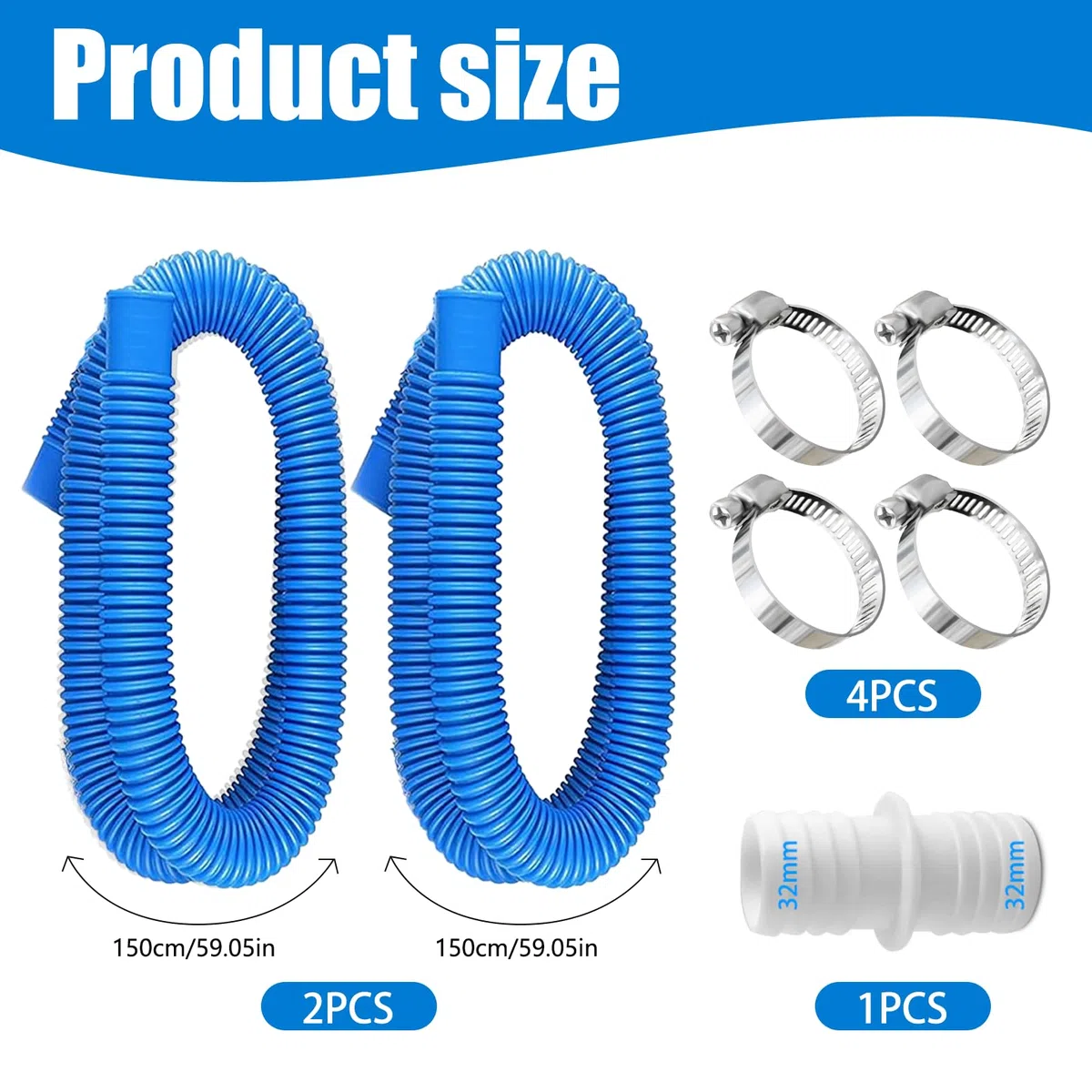 2 mangueras de piscina de 32 mm (azules) para bombas – incluye 4 clips de seguridad y 1 conector – ideal para bombas de filtro, limpiadores y calentadores de piscina