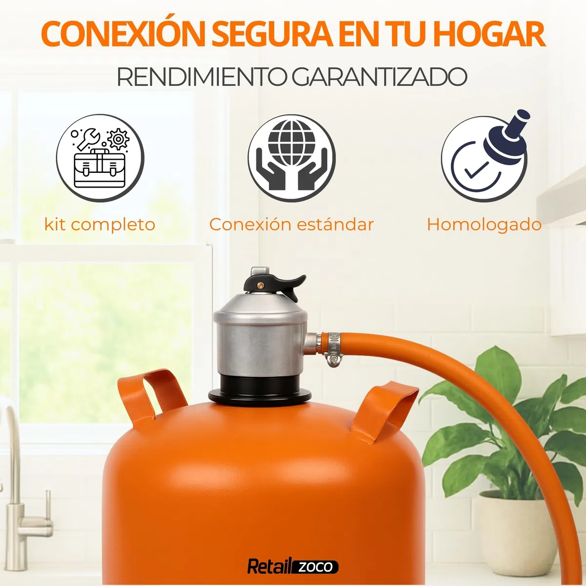 Kit completo butano, Regulador de gas butano + Tubo Goma 1,5 metros + 2 abrazaderas seguridad, Homologado ,Apto para cocinas, estufas gas, calderas, catalíticas, barbacoas, paelleras, calentadores