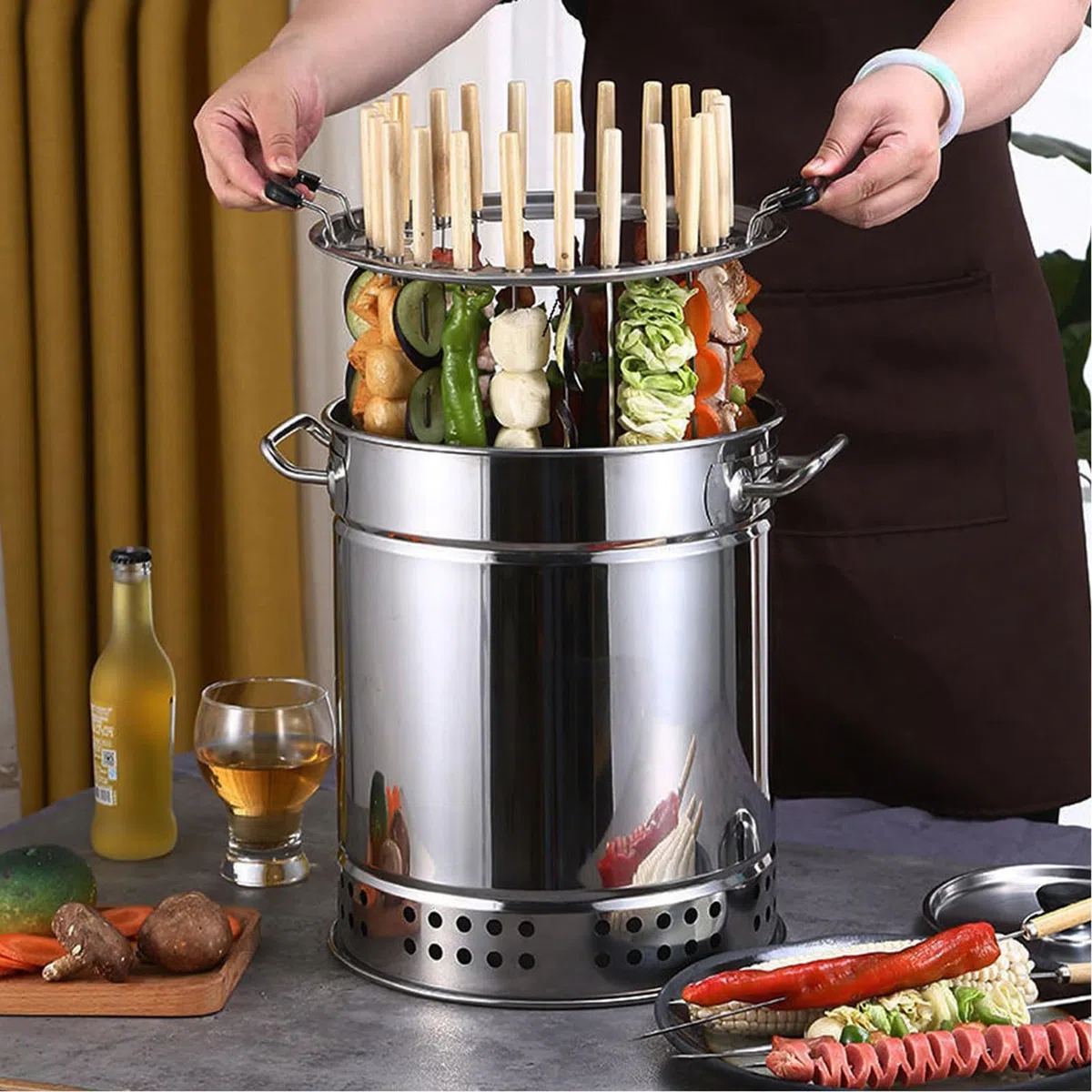 Parrilla para barbacoa interior sin humo, ahumador vertical portátil de carbón con estantes de acero inoxidable para acampar al aire libre y barbacoa de jardín