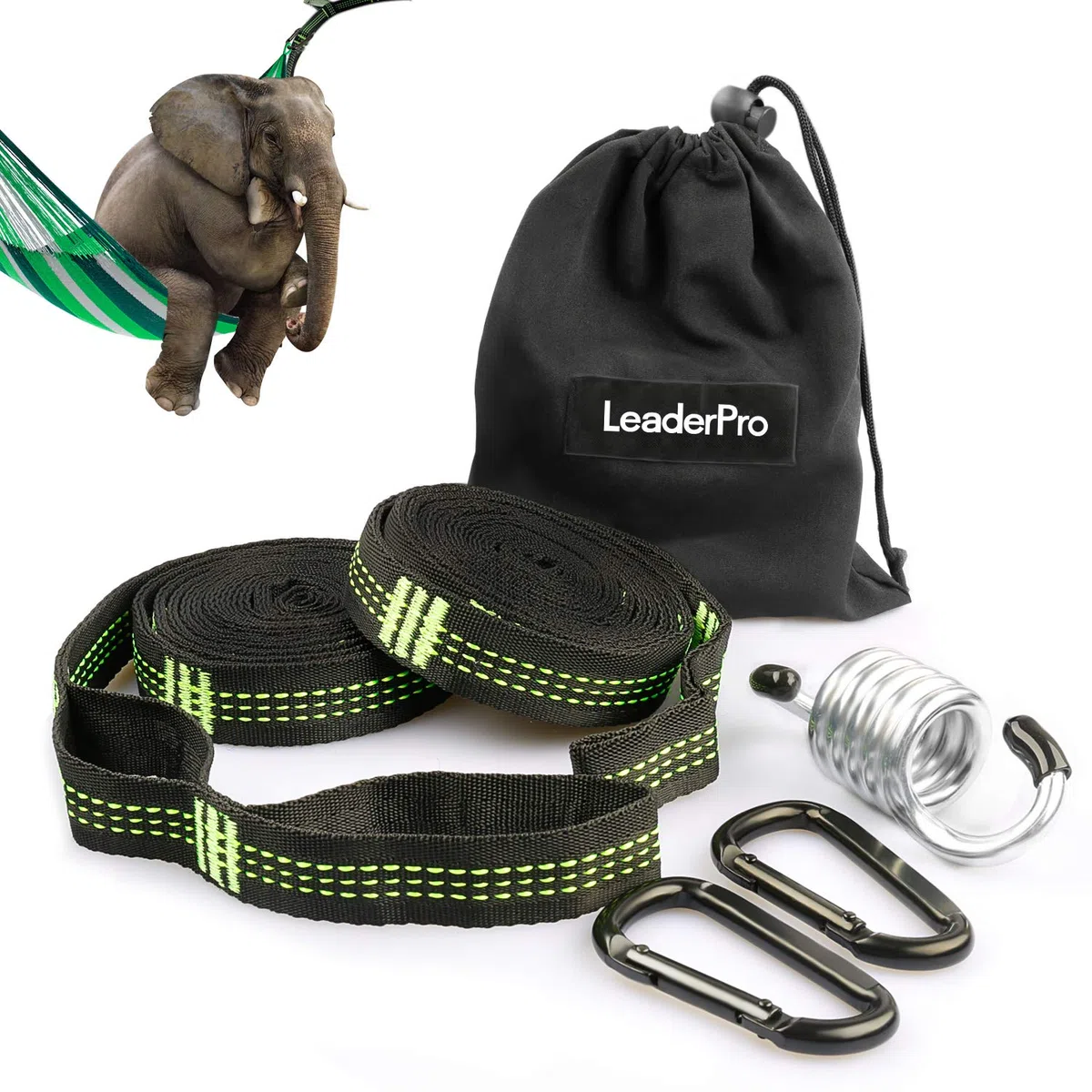LeaderPro 2 Piezas Correas de Hamaca, 300cm, Máximo 500 kg Accesorios Cinturon de Hamaca Correas para Árboles Camping con 2 Mosquetones, 1 Gancho para Silla Colgante, con Bolso de Mano