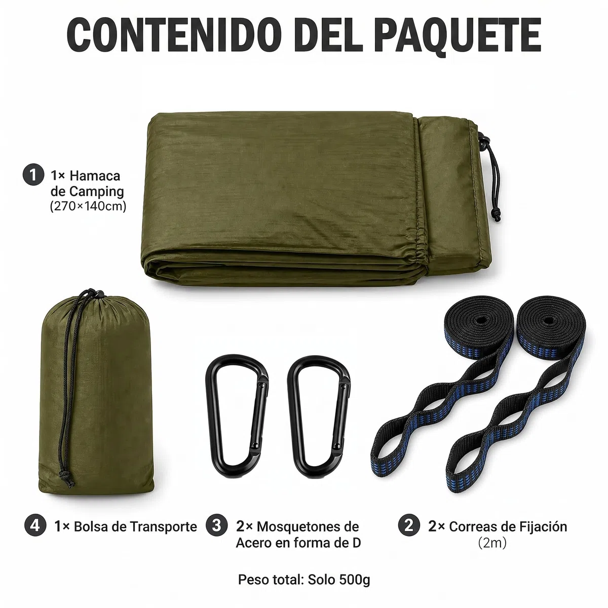 Hamaca Ultraligera Verde Militar para Exterior y Camping, Hamaca Colgante con Correas de fijación y Anillos en D, Carga hasta 300 kg para Jardín Balcón Terraza