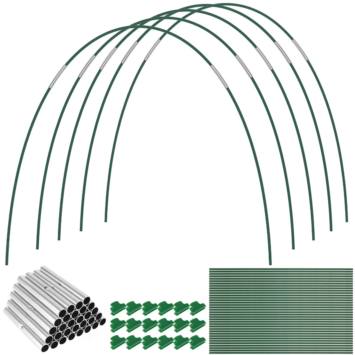36 piezas de arcos de túnel de plantación de 43 cm de diámetro, túnel de película flexible para lechos elevados, varillas de fibra de vidrio con 30 tubos de conexión de metal y 18 clips de red
