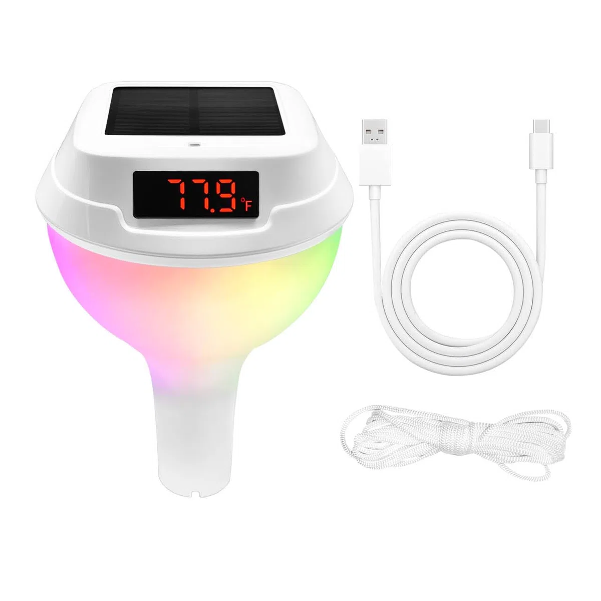 Homcocie Termómetro Piscina Solar con batería 2200 mAh y puerto tipo C, Termómetro Flotante a prueba agua IP68 con cuerda remolque, luz ambiental RGB, monitoreo preciso de temperatura agua