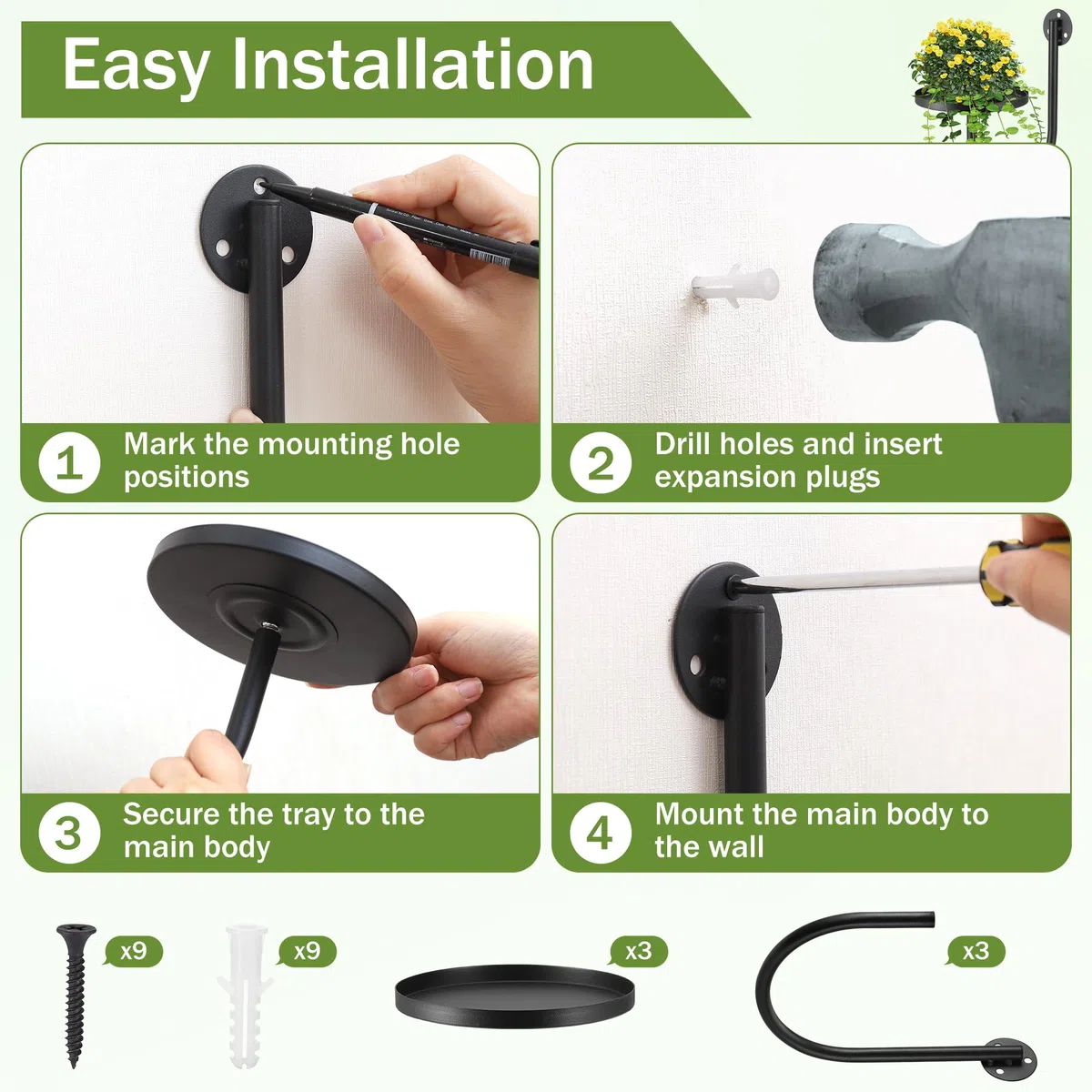 3 Piezas Maceta de Pared, Estantería Metálica para Plantas Interior o Exterior, Sala de Estar, Balcón, Jardín, Cocina y Dormitorio, Forma de U, Negro