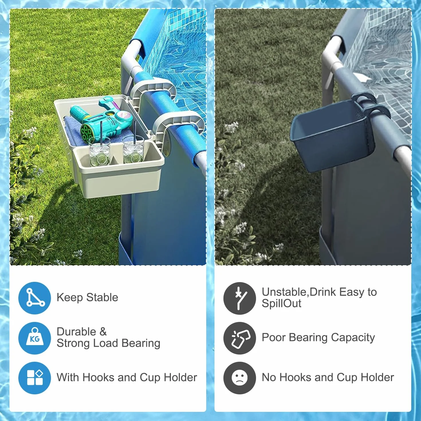 Papelera Almacenamiento para Piscina con Portavasos, Poolside Cesta de Almacenamiento Junto a la Piscina, Accesorio para Piscina Sobre el Suelo, Gris