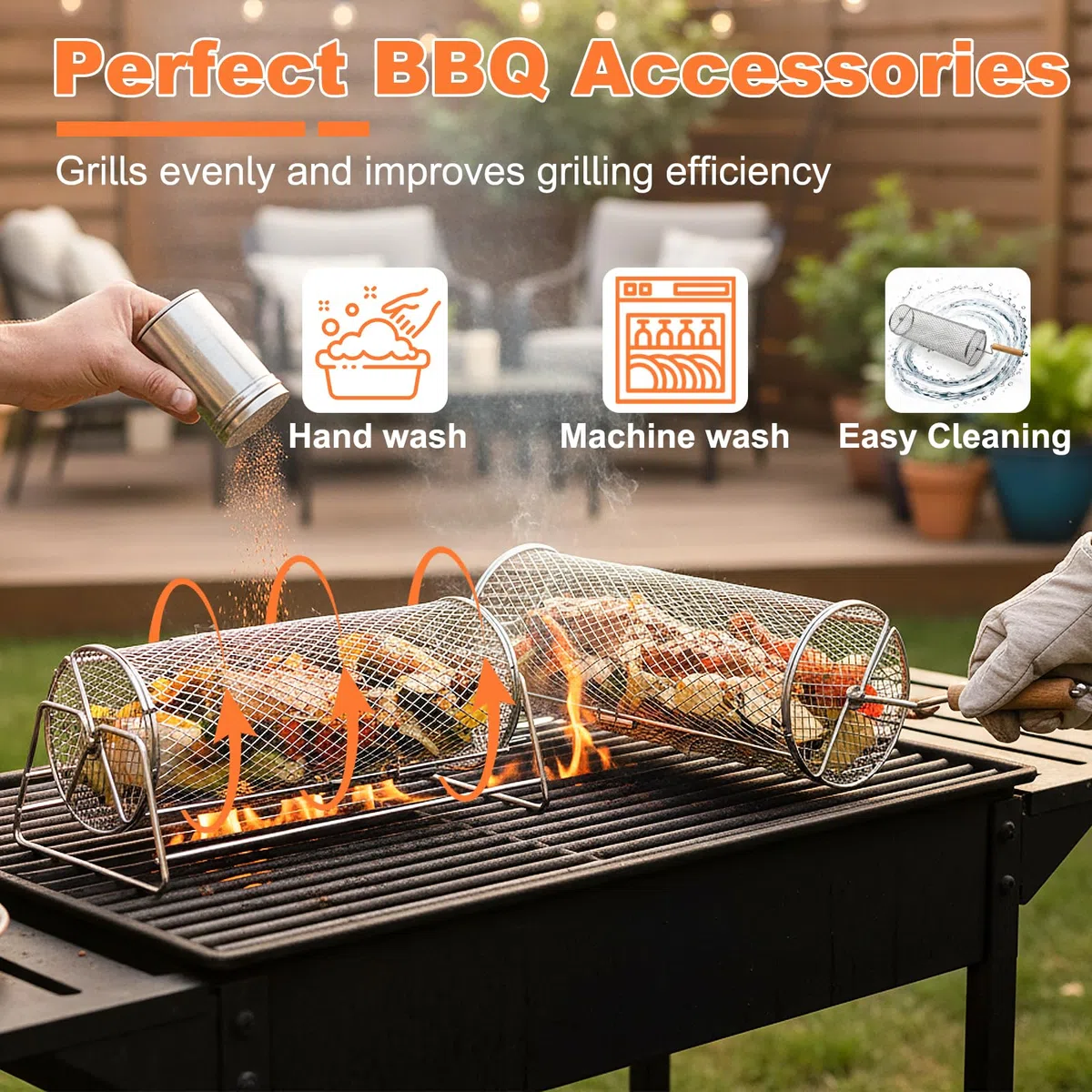 Cesta de Parrilla Rodadiza, Cesta de Parrilla de Acero Inoxidable, Accesorios Barbacoa con Mango de Madera Extraíble, Rejilla Barbacoa Utensilios bbq para Exterior Camping, Regalos Hombre