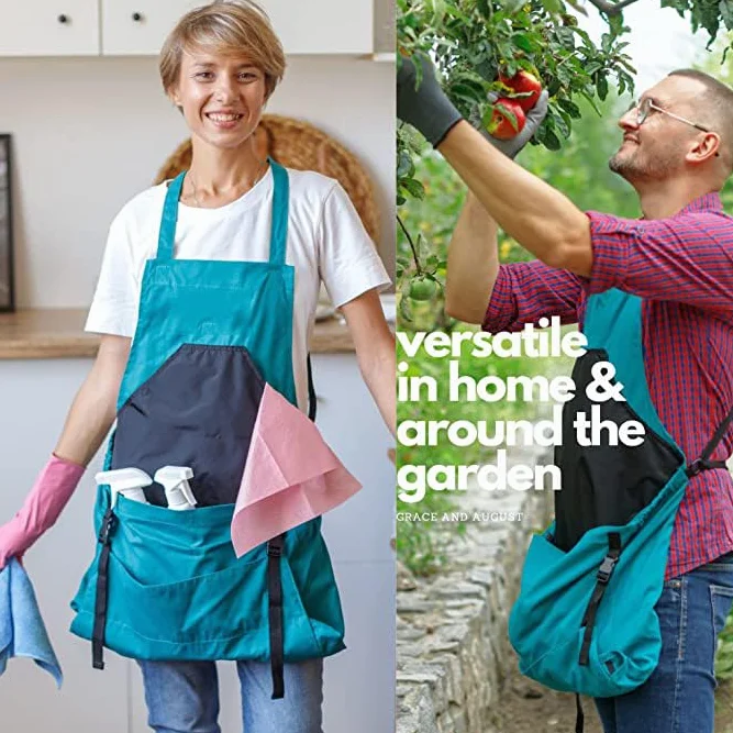 Delantal de Jardín Ajustable,Delantal de Trabajo Lona con Bolsillos Delantal de Jardinería Impermeable Delantal de Cocina Cosecha Hortícola Bolsa frutas verduras para Hombre y Mujere