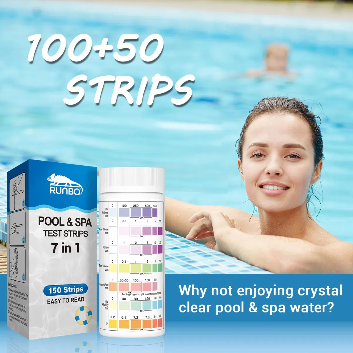 Tiras de prueba de piscina 7 en 1 para spa | Kit de prueba de agua rápido y preciso de 150 tiras, bromo, alcalinidad total, pH, cloro libre, dureza total, ácido cianúrico y cloro total tiras de prueba