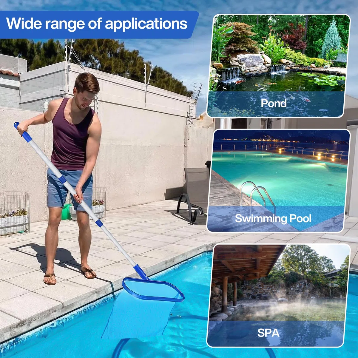 Red de Limpieza de Piscina, Kit de Limpieza Piscina con Red de Malla Fina y Mango de Aluminio, Mantenimiento Piscina, Recoge Tierra Arena Limo Hojas para Piscinas, Fuente, Pecera