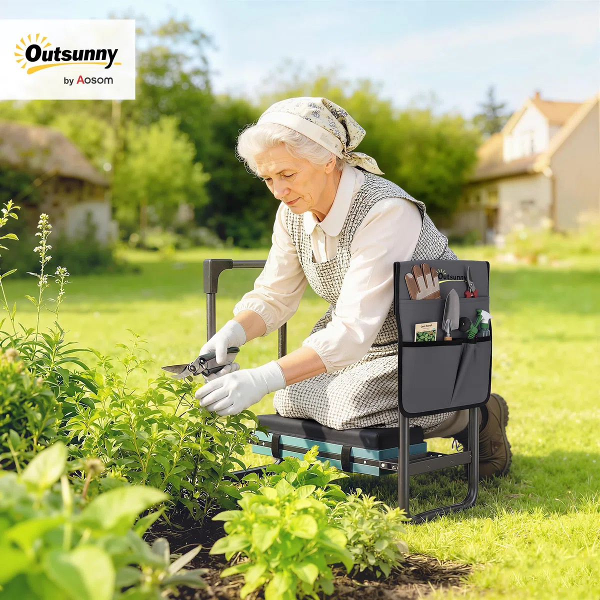 Outsunny Taburete de Jardín Plegable con Almohadilla de Espuma EVA, Asiento de Jardín Portátil con Bolsa para Herramientas, Patas Extensibles, Carga 150kg, Regalo para Jardineros Ancianos, Gris Oscuro