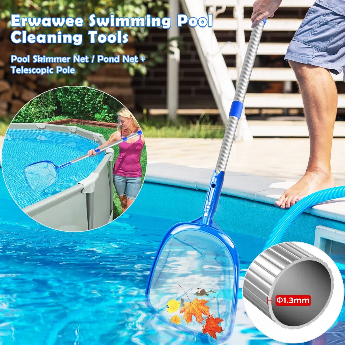 Red de Piscina, Recogehojas de Piscina Skimmer Piscina Recogehojas para Piscinas con Telescópica Poste de Aluminio,Kit Limpieza Piscina para Estanque,Bañera de hidromasaje,Spas,Natación,Hojas Y Debris