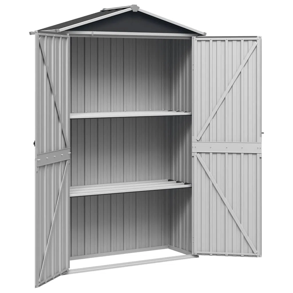 Caseta de jardín de acero galvanizado antracita 116 x 45 x 175 cm, cobertizo de almacenamiento exterior con estantes, puertas de doble abertura y orificios de ventilación para reducir