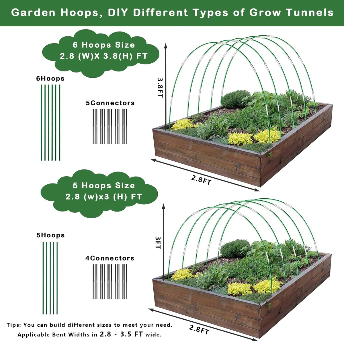 Aros de invernadero para camas elevadas, 36 aros de jardín de 17 pulgadas para túnel de red, aros desmontables de fibra de vidrio con 18 clips de red, aros de soporte, aros de jardín para red de