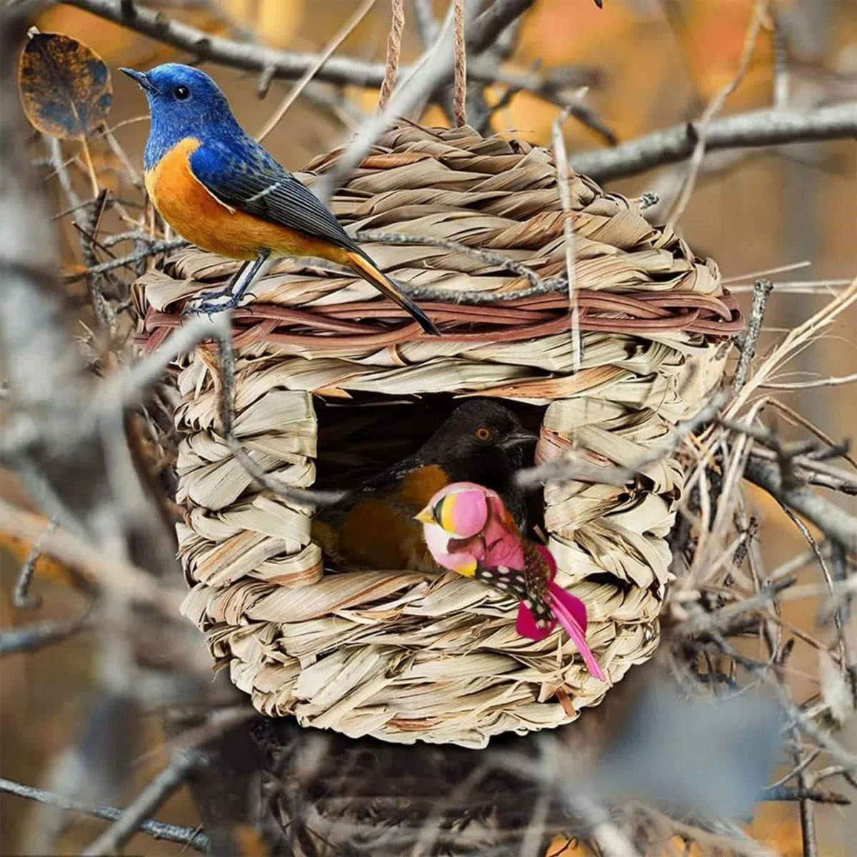 2 Piezas Nido de Pájaros Tejidas a Mano para Exterior, Casita de Paja para Colibríes, Gorriones y Otras Aves Pequeñas