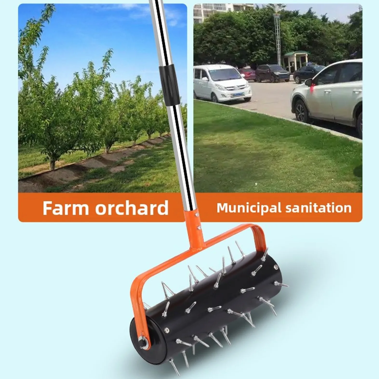 Aireador de Césped Rodante, 42 Púas Premontadas, Rodillo Aireador de Púas para Césped Resistente con Mango Ajustable para Patio, Jardín