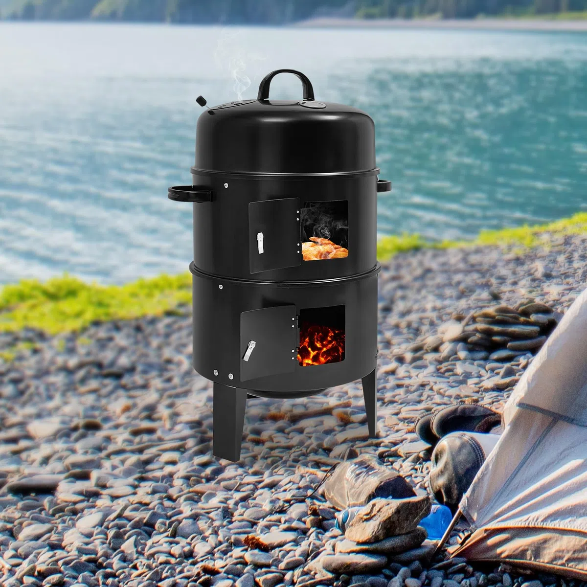 Barbacoa de Carbón Vegetal con Tapa 3 en 1, Desmontable Negro 40 Cm