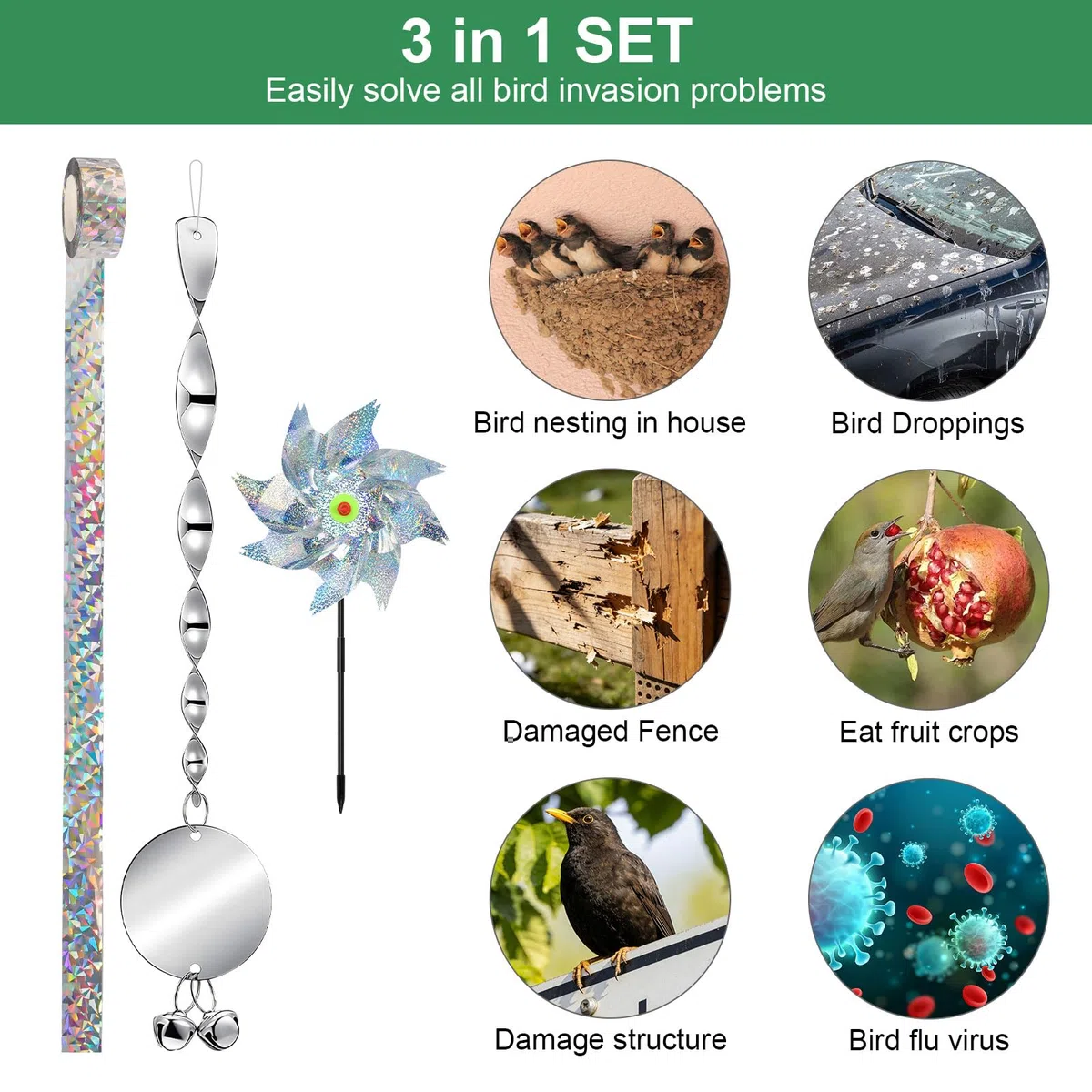 15 piezas de juego de ahuyentadores de pájaros reflectantes 10 piezas de espiral de viento antipájaros, 4 piezas de molinos de viento antipájaros con cinta para pájaros 2,4CM x80M Juego de espiral de